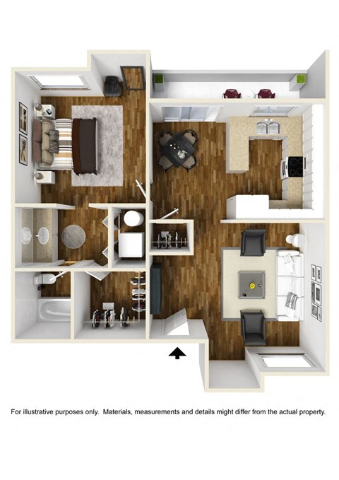 Floor plan for 1 bed, 1 bath, 700 sqft